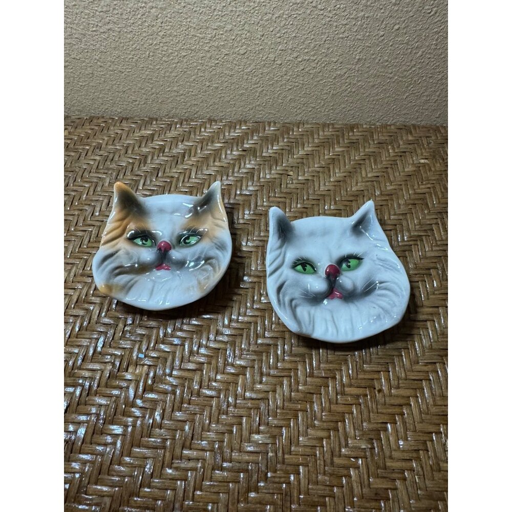 Vintage  Fashion Decor Cat Face Wall Plaques Trinket Plate 3D Set Of 2